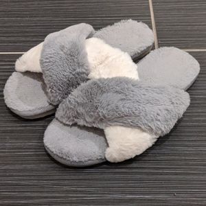 Fluffy Grey and White Home Slippers